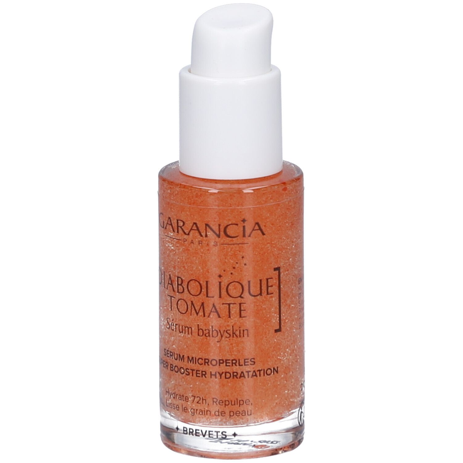 Sérum Baby Skin Garancia Diabolique Tomate. Flacon pompe, sérum orangé. Base transparente, bouchon blanc.