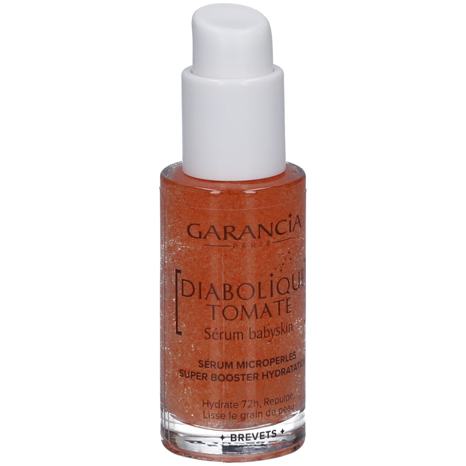 Sérum Baby Skin Garancia Diabolique Tomate. Flacon pompe, sérum orangé. Base transparente, bouchon blanc.