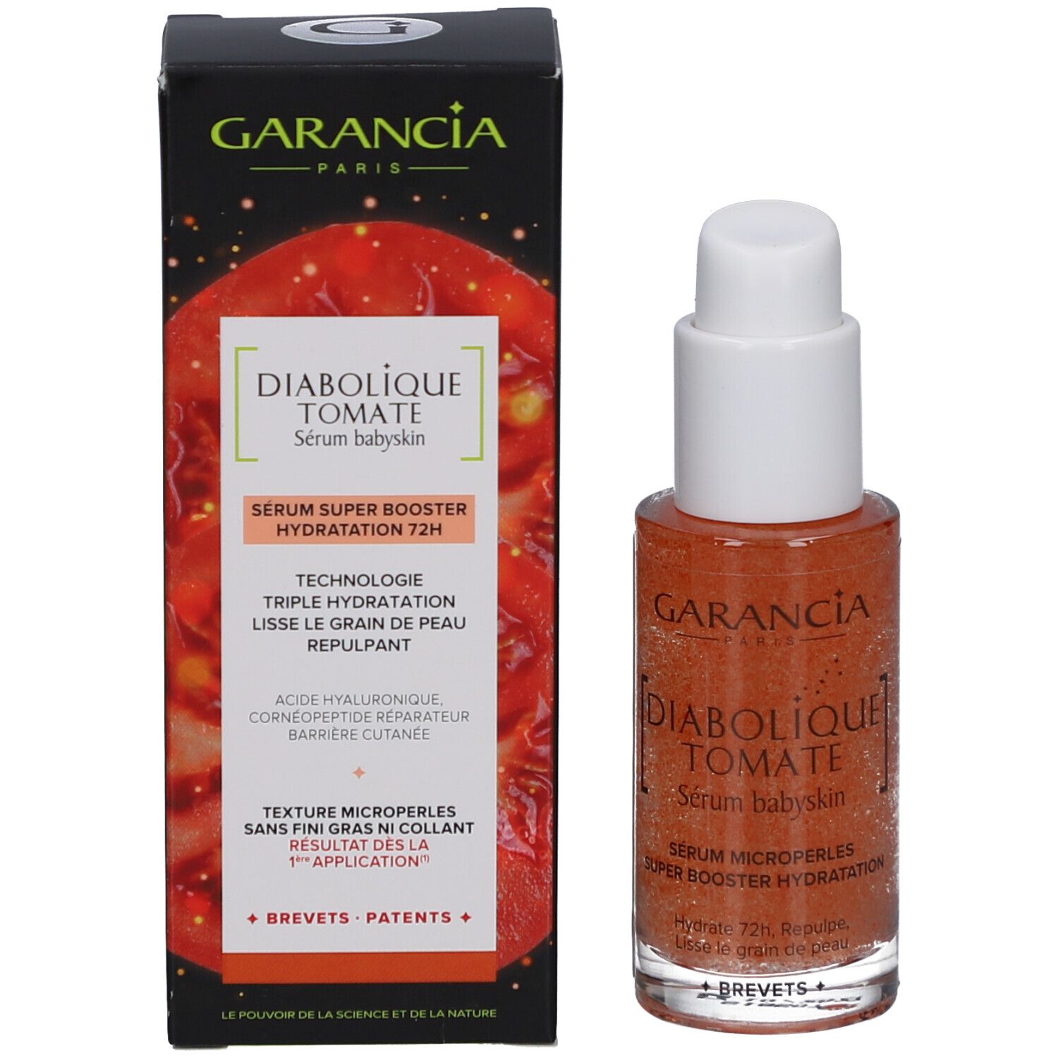 Garancia Diabolique Tomate Sérum Baby Skin et emballage. Flacon pompe, sérum orangé. Boîte avec informations produit.