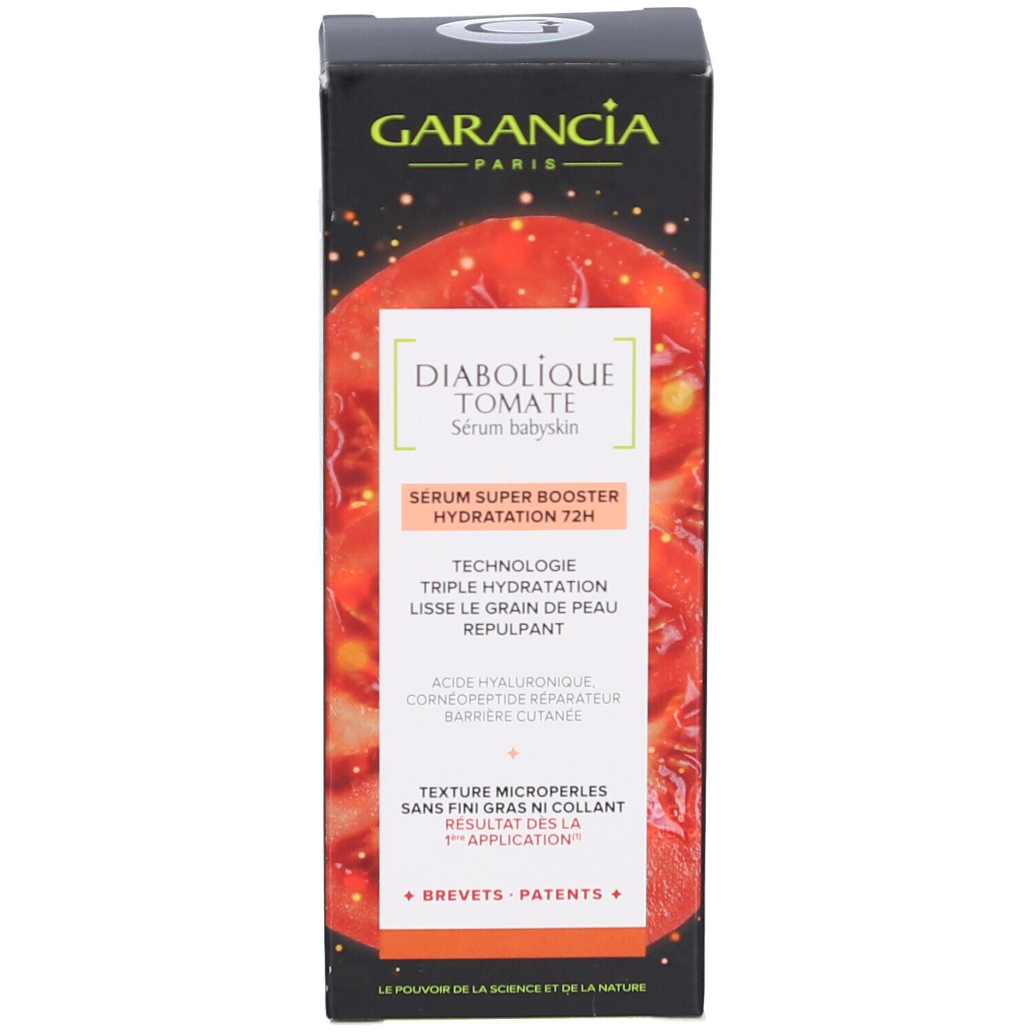 Emballage Garancia Diabolique Tomate Sérum Baby Skin. Boîte noire avec informations et illustration de tomate.