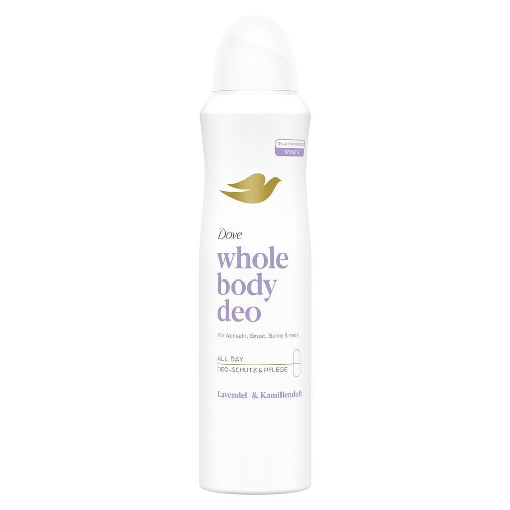 Weißes Aerosol-Deo mit Sprühkopf. Dove-Logo und Produktbezeichnung. Text: Lavendel & Kamille.