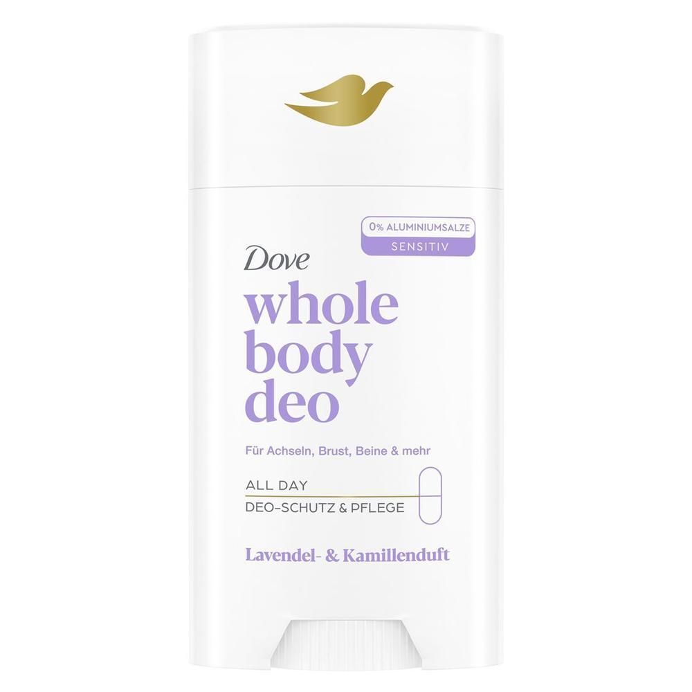 Weißer Deo-Stick mit lila Schrift. Dove-Logo oben. Text: whole body deo, Lavendel & Kamille. Sensitiv. 0% Aluminiumsalze.