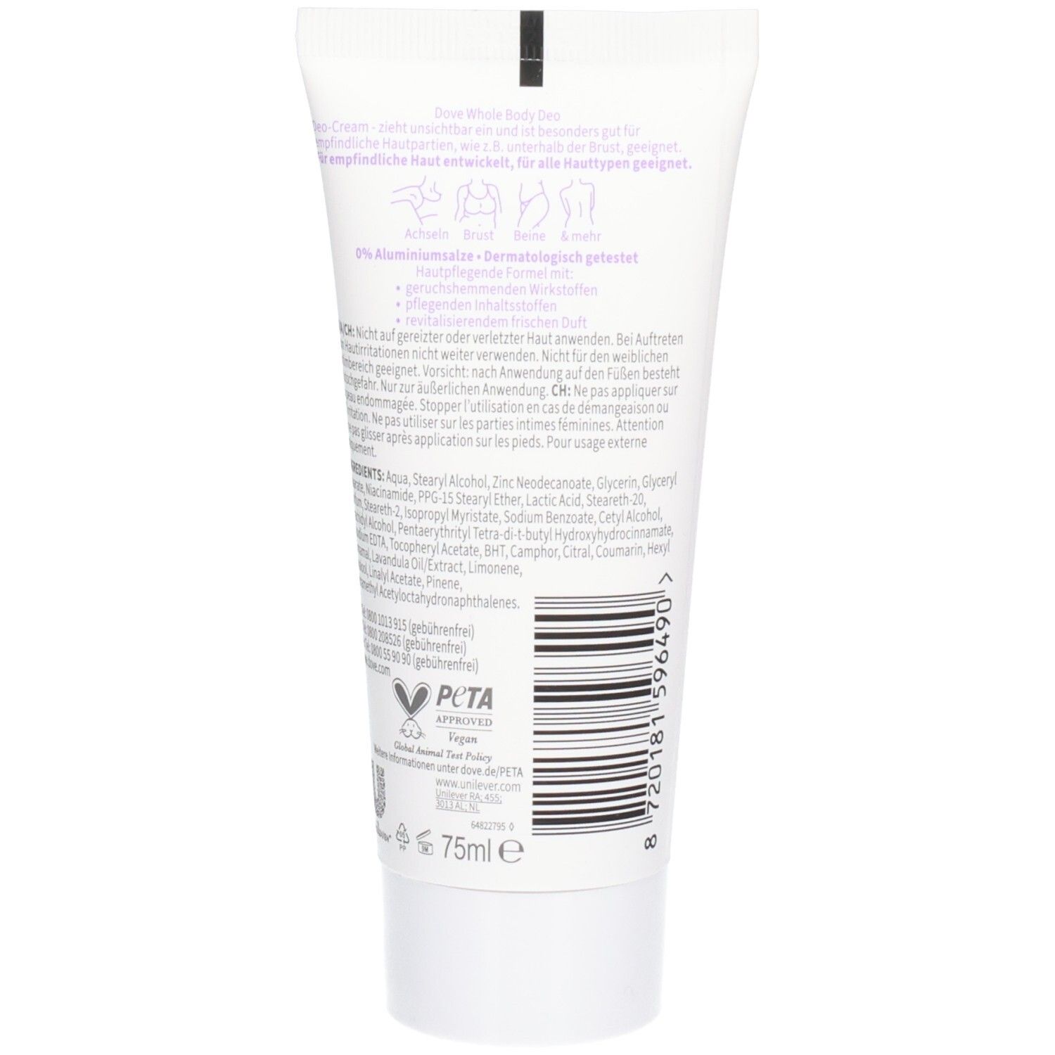 Rückseite der Tube. Text: 0% Aluminiumsalze, dermatologisch getestet. Inhaltsstoffe, PETA-Logo, 75ml.