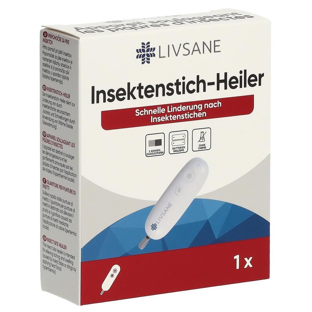 LIVSANE Insektenstich-Heiler Verpackung mit weißem Gerät, 2 Intensitätsmodi, Batterien inklusive, ohne Medikamente.