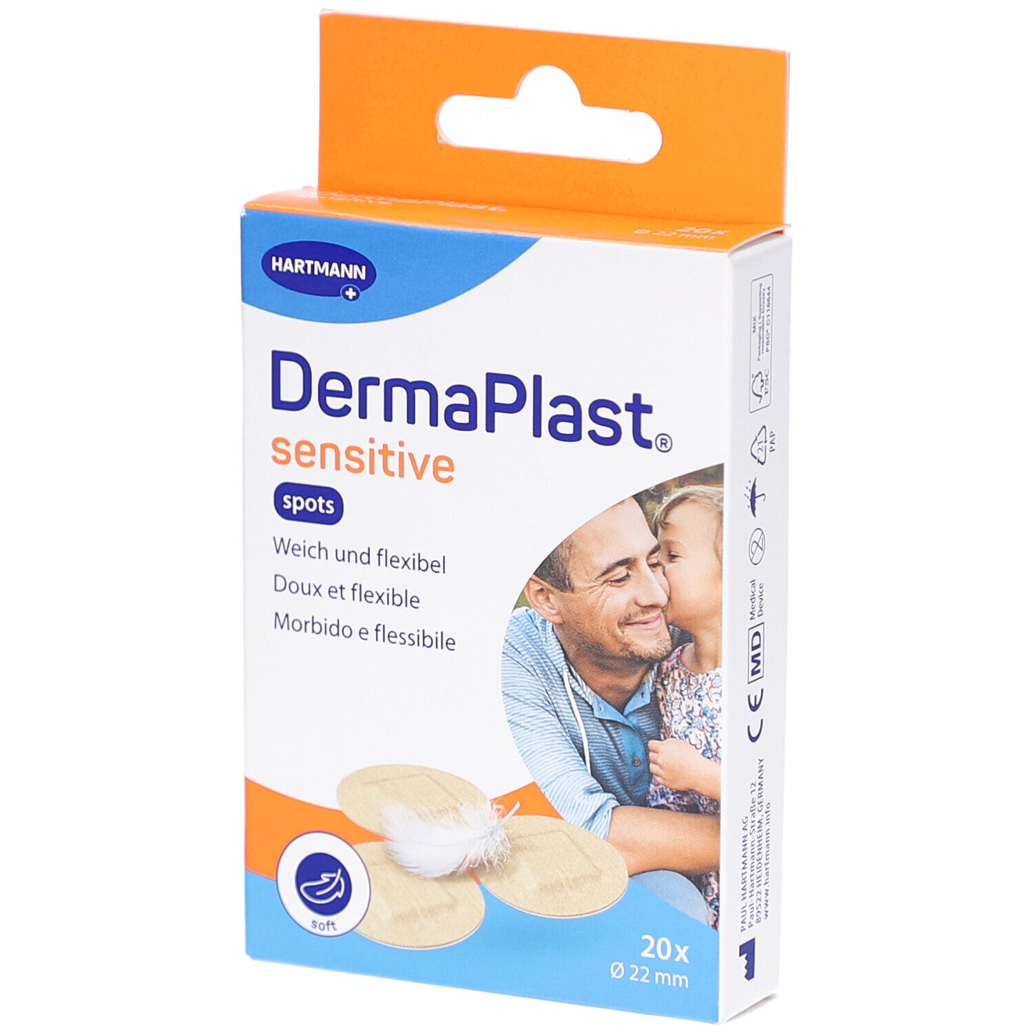 Verpackung DermaPlast Sensitive Spots, runde Pflaster Ø 22 mm. Marke Hartmann. Weich und flexibel. 20 Stück.