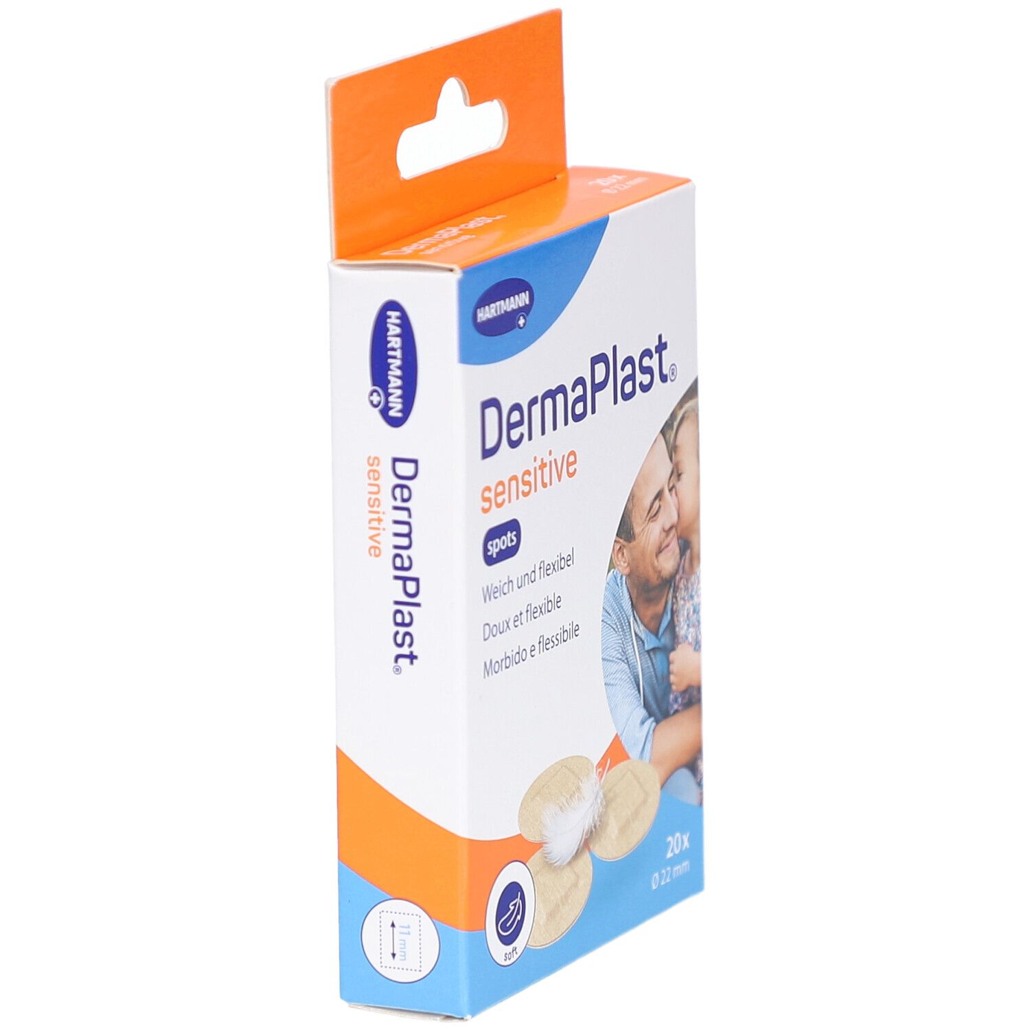 Verpackung DermaPlast Sensitive Spots. Marke Hartmann. Eckansicht. Runde Pflaster Ø 22 mm. Weich und flexibel.