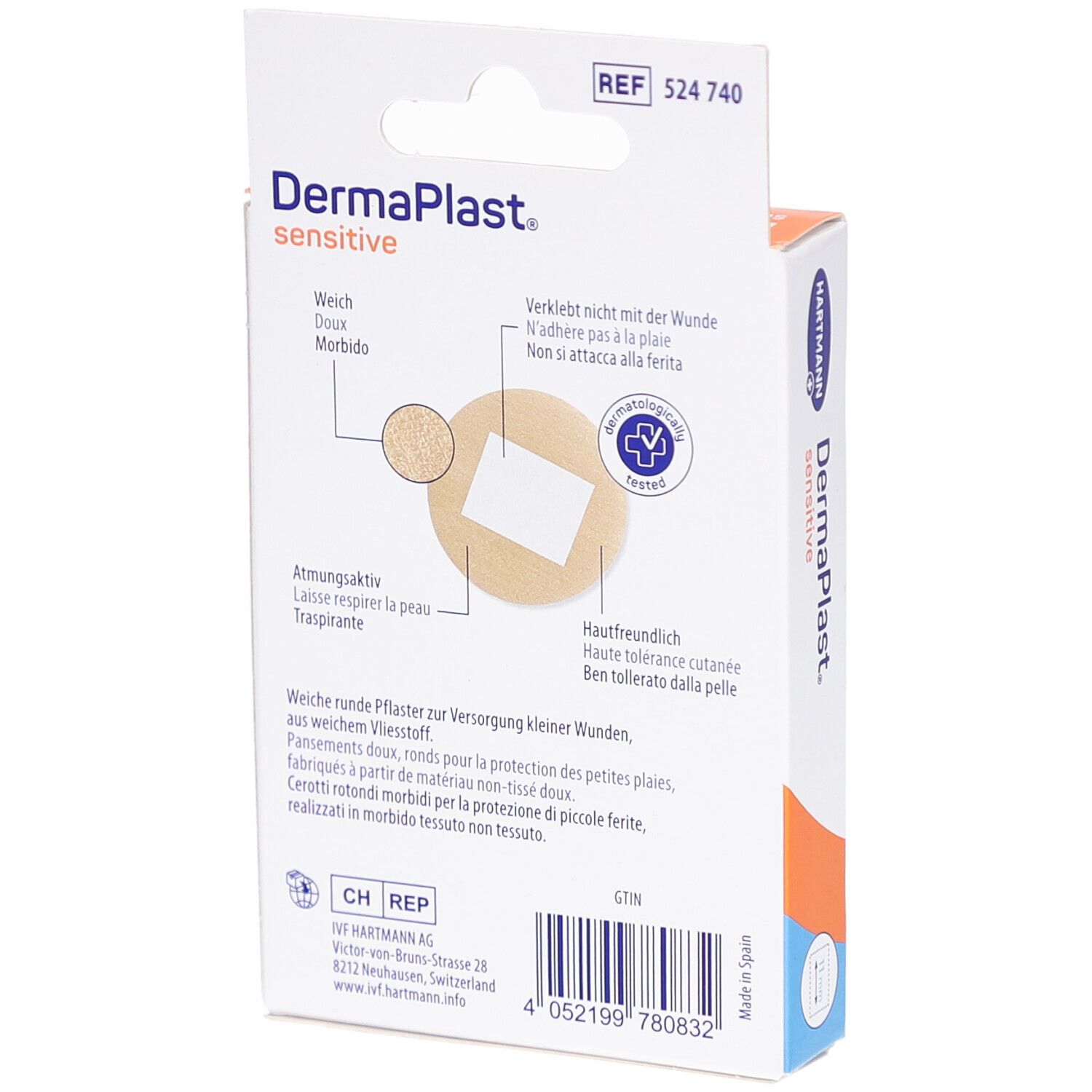 Rückseite der Verpackung DermaPlast Sensitive Spots. Runde Pflaster. Atmungsaktiv. Hautfreundlich. Marke Hartmann.