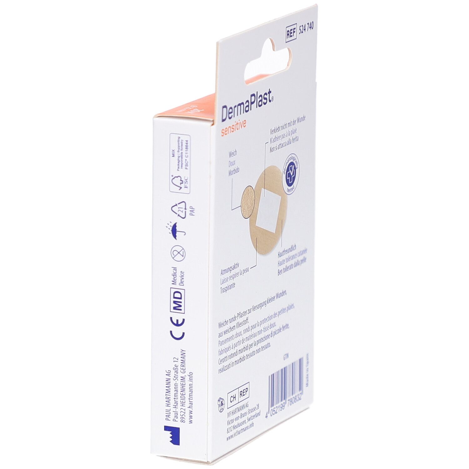 Verpackung DermaPlast Sensitive Spots. Runde Pflaster. Atmungsaktiv. Medizinprodukt. Marke Hartmann.