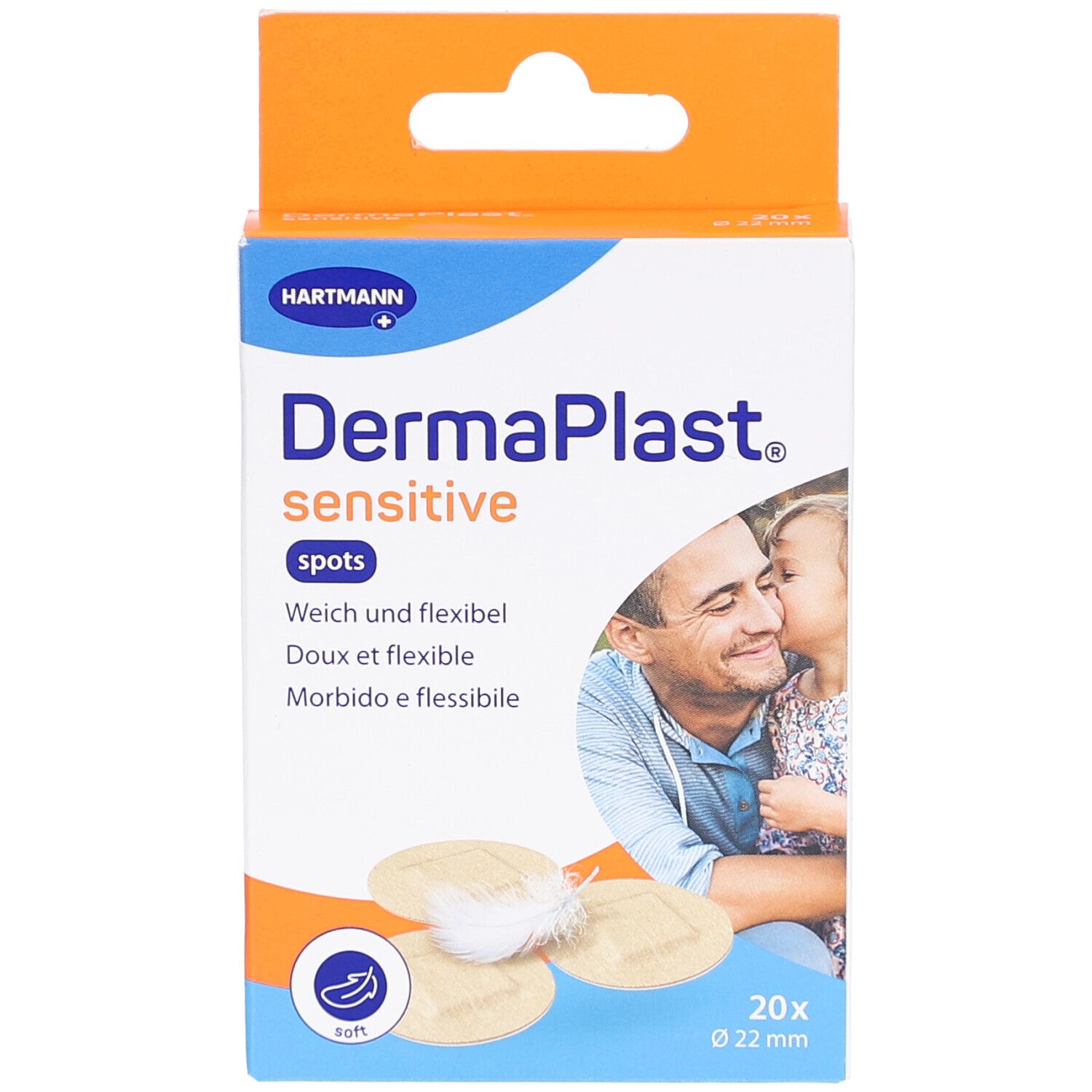 Verpackung DermaPlast Sensitive Spots, runde Pflaster Ø 22 mm. Marke Hartmann. Weich und flexibel. 20 Stück.