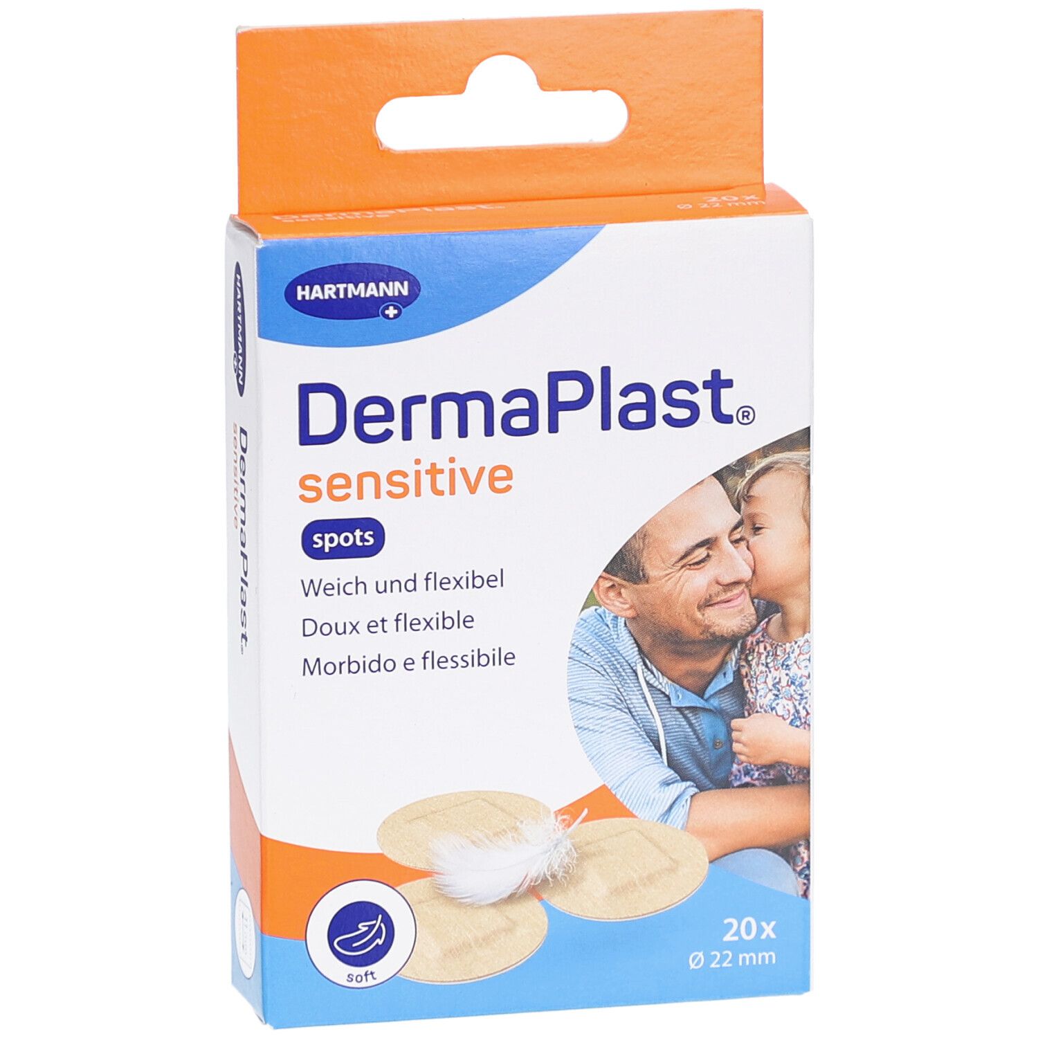 Verpackung DermaPlast Sensitive Spots, runde Pflaster Ø 22 mm. Marke Hartmann. Weich und flexibel. 20 Stück.