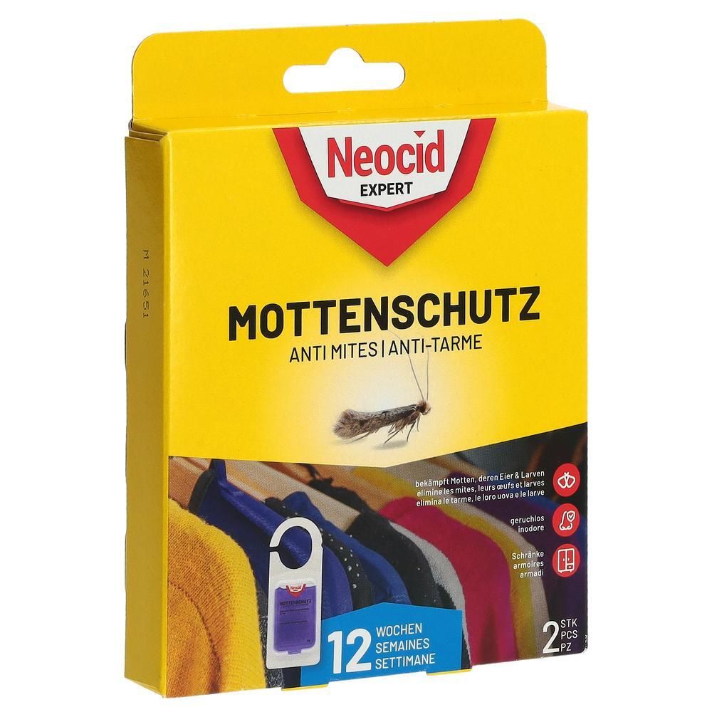 Neocid Expert Mottenbox: Gelbe Verpackung mit Motte, Kleidung und Schutzanhänger. Enthält 2 Stück für 12 Wochen Schutz.