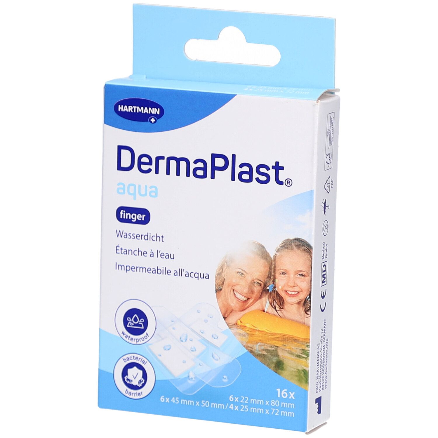 Verpackung von DermaPlast Aqua Finger Pflastern. 16 Stück. Wasserfest, antibakteriell. Enthält Größenangaben.