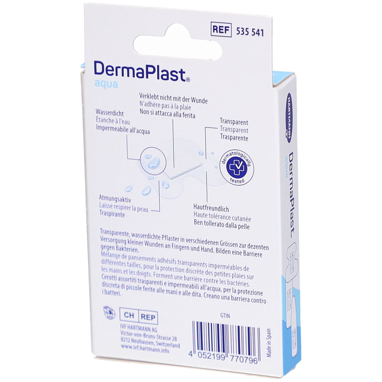 Rückseite der DermaPlast Aqua Finger Pflaster Verpackung. Informationen zu Eigenschaften und Inhaltsstoffen.