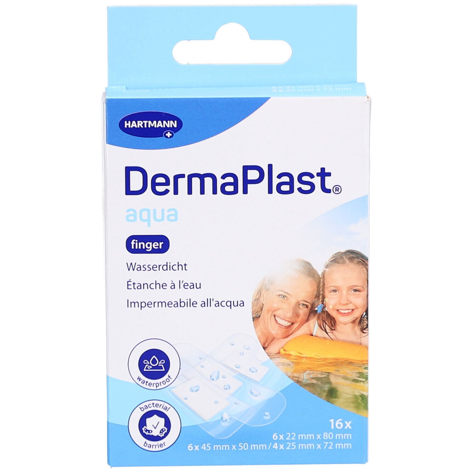Vorderansicht der DermaPlast Aqua Finger Pflaster Verpackung. Produktname, Logo und Anzahl der Pflaster.
