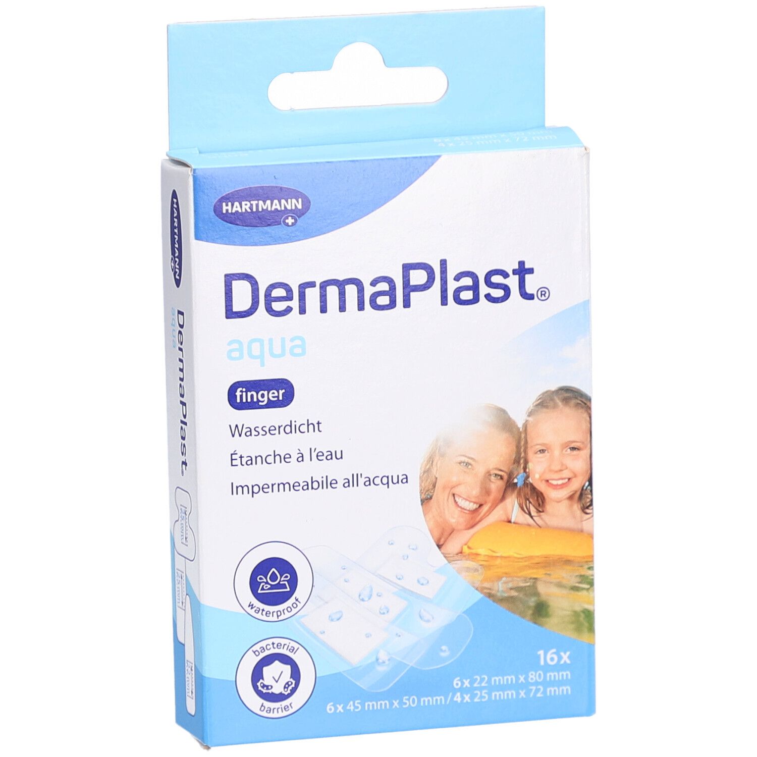 Vorderansicht der DermaPlast Aqua Finger Pflaster Verpackung. Produktname, Logo und Anzahl der Pflaster.