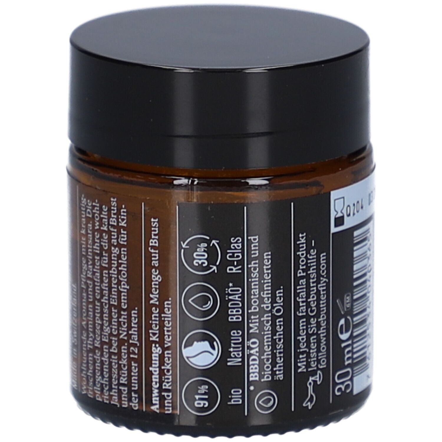 Braunglas mit schwarzem Deckel. Aufkleber mit Text und Symbolen. Text: 30 ml. Logos: bio, R-Glas, 91%, 30%.