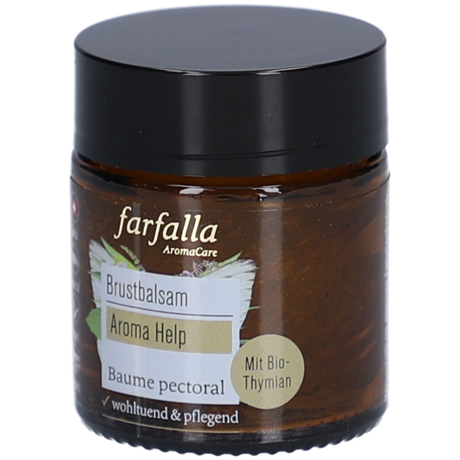 Braunglas mit schwarzem Deckel. Aufkleber mit Text: Brustbalsam Aroma Help, Baume pectoral. Mit Bio-Thymian.