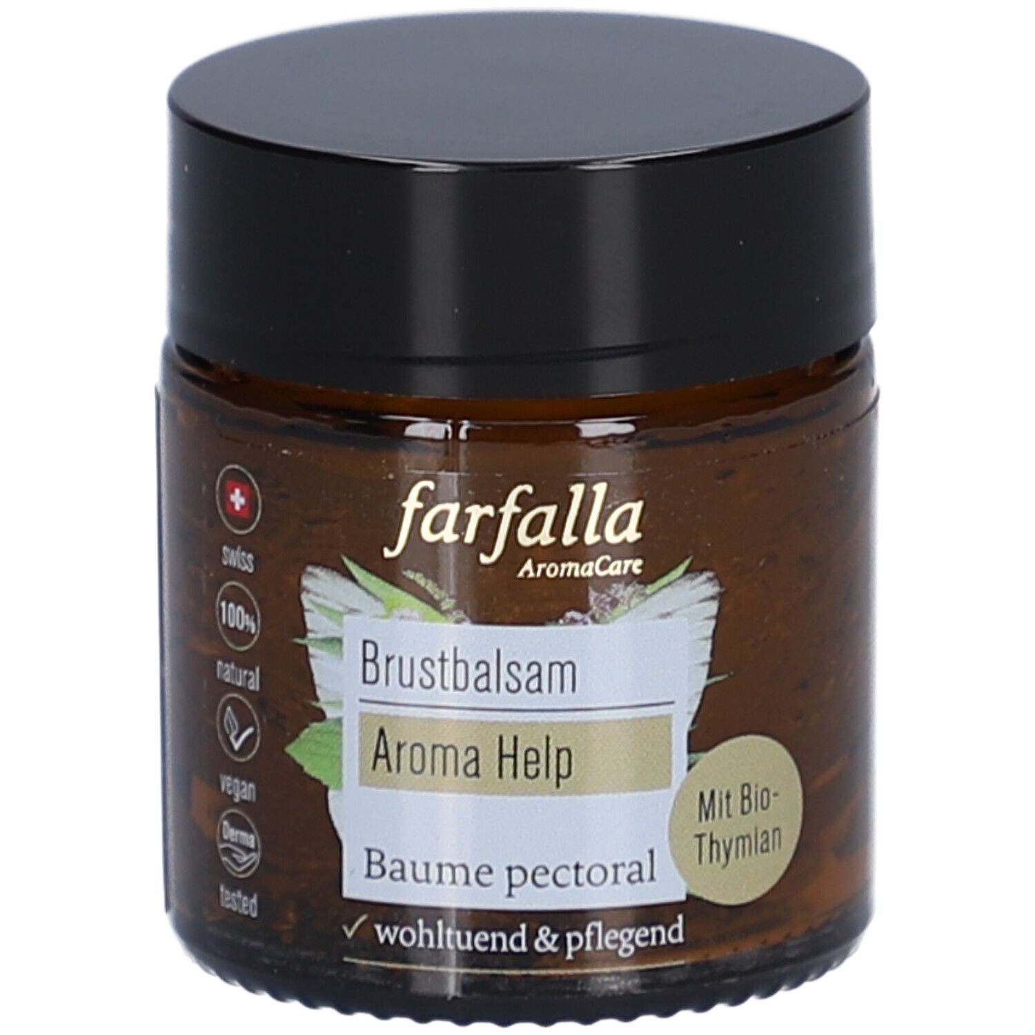 Braunglas mit schwarzem Deckel. Aufkleber mit Text: Brustbalsam Aroma Help, Baume pectoral. Logos: Swiss, 100% natural, vegan, Derma tested.