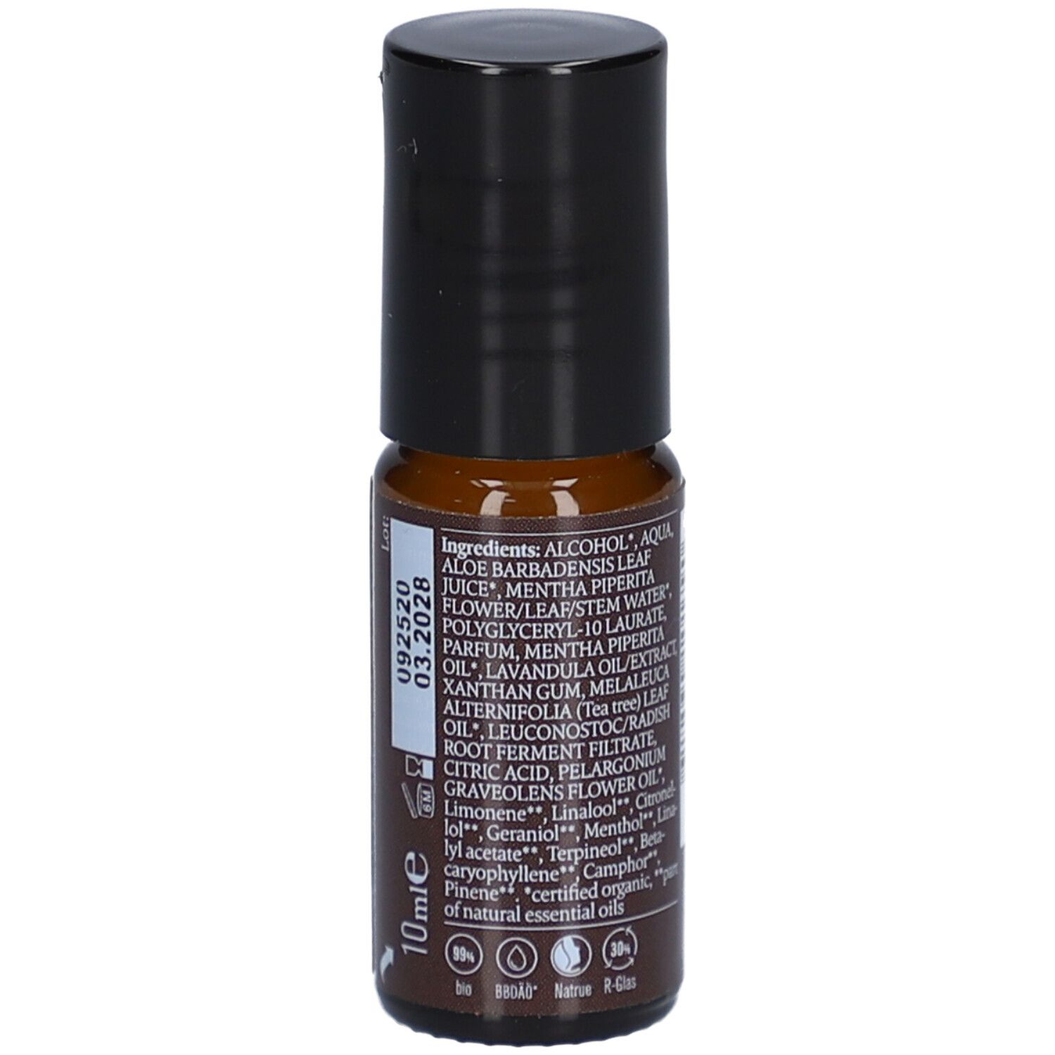 Braune Roll-on-Flasche mit schwarzem Deckel. Zutatenliste und Chargennummer auf der Rückseite.