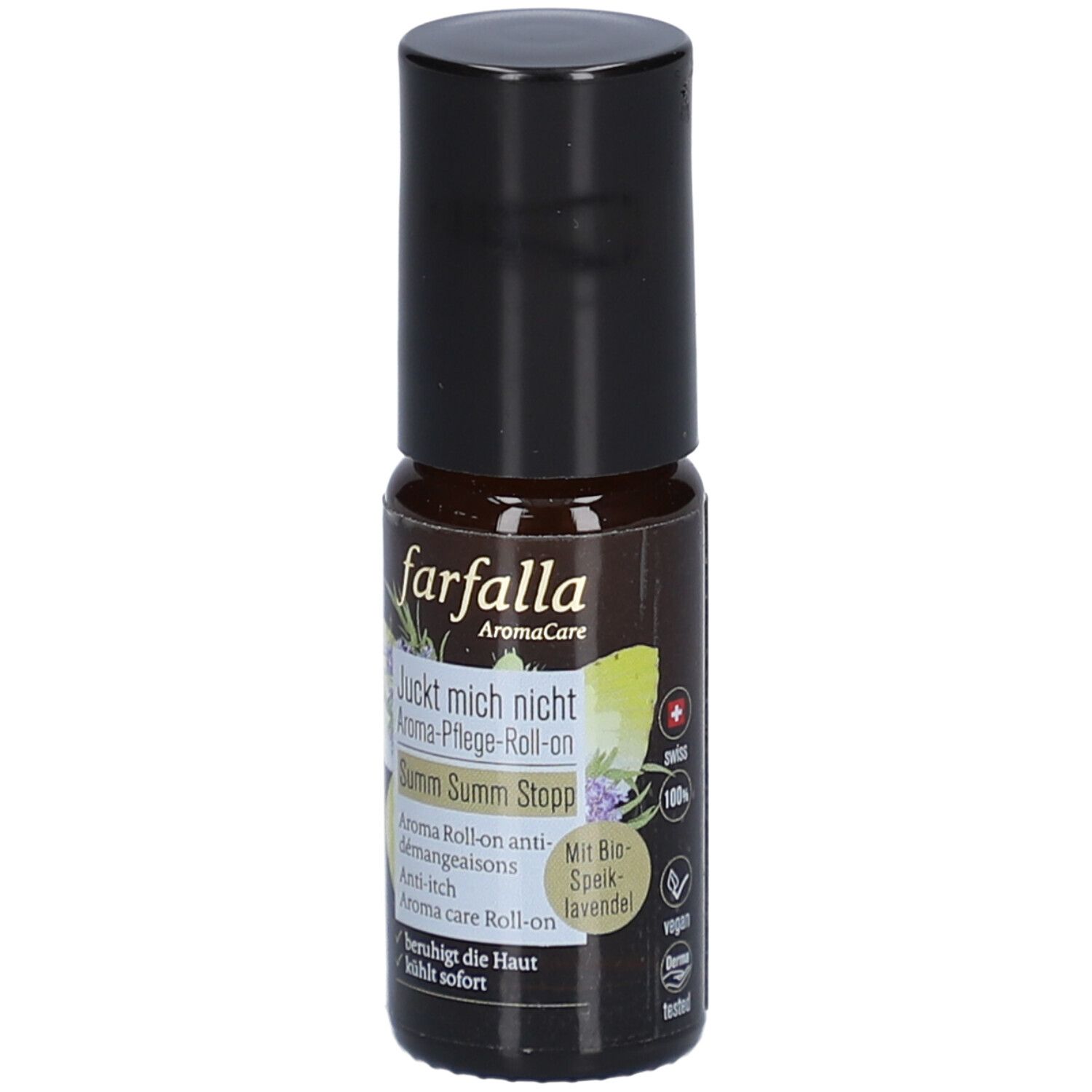 Braune Roll-on-Flasche mit schwarzem Deckel. Aufschrift: farfalla, Aroma-Pflege-Roll-on, Juckt mich nicht, Summ Summ Stopp.
