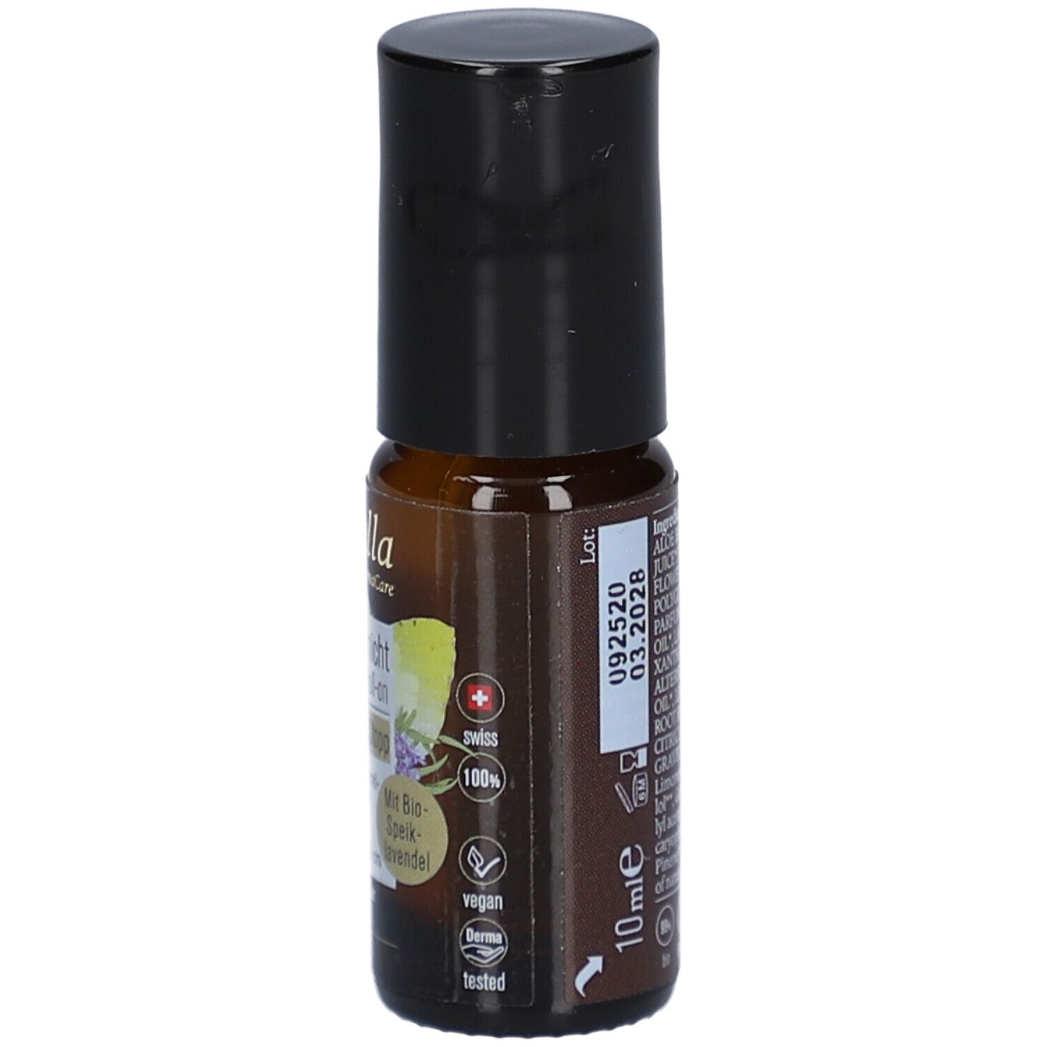 Braune Roll-on-Flasche mit schwarzem Deckel. Aufschrift: farfalla, 10ml, vegan, swiss, Bio-Qualität.