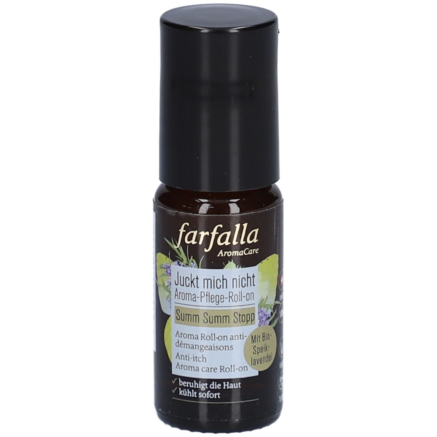 Braune Roll-on-Flasche mit schwarzem Deckel. Aufschrift: farfalla, Aroma-Pflege-Roll-on, Juckt mich nicht, Summ Summ Stopp.