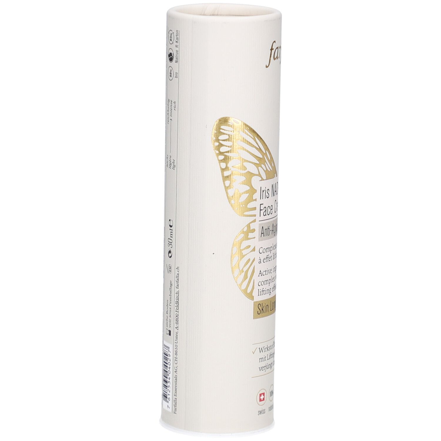 Vue latérale de l'emballage cylindrique. Texte et logo visibles. Graphique papillon doré. Informations sur les ingrédients et le fabricant.