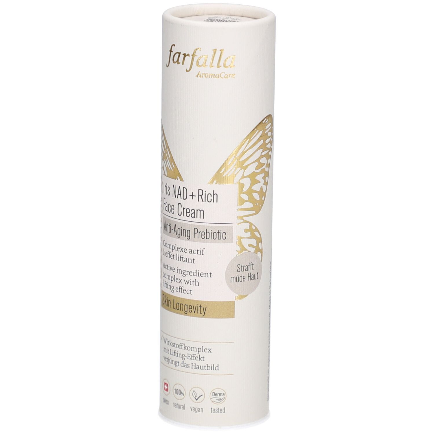 Emballage cylindrique avec nom et logo du produit. Texte : Iris NAD+ Rich Face Cream, Anti-Aging Prebiotic. Graphique papillon doré.