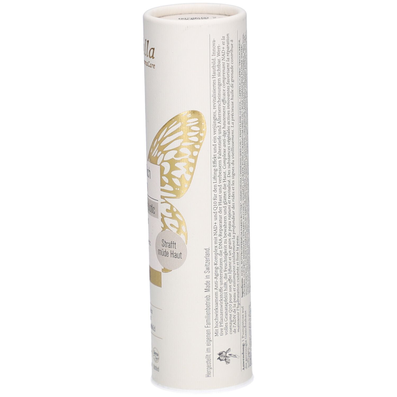 Vue latérale de l'emballage cylindrique. Texte et logo visibles. Graphique papillon doré. Informations sur les ingrédients et le fabricant.