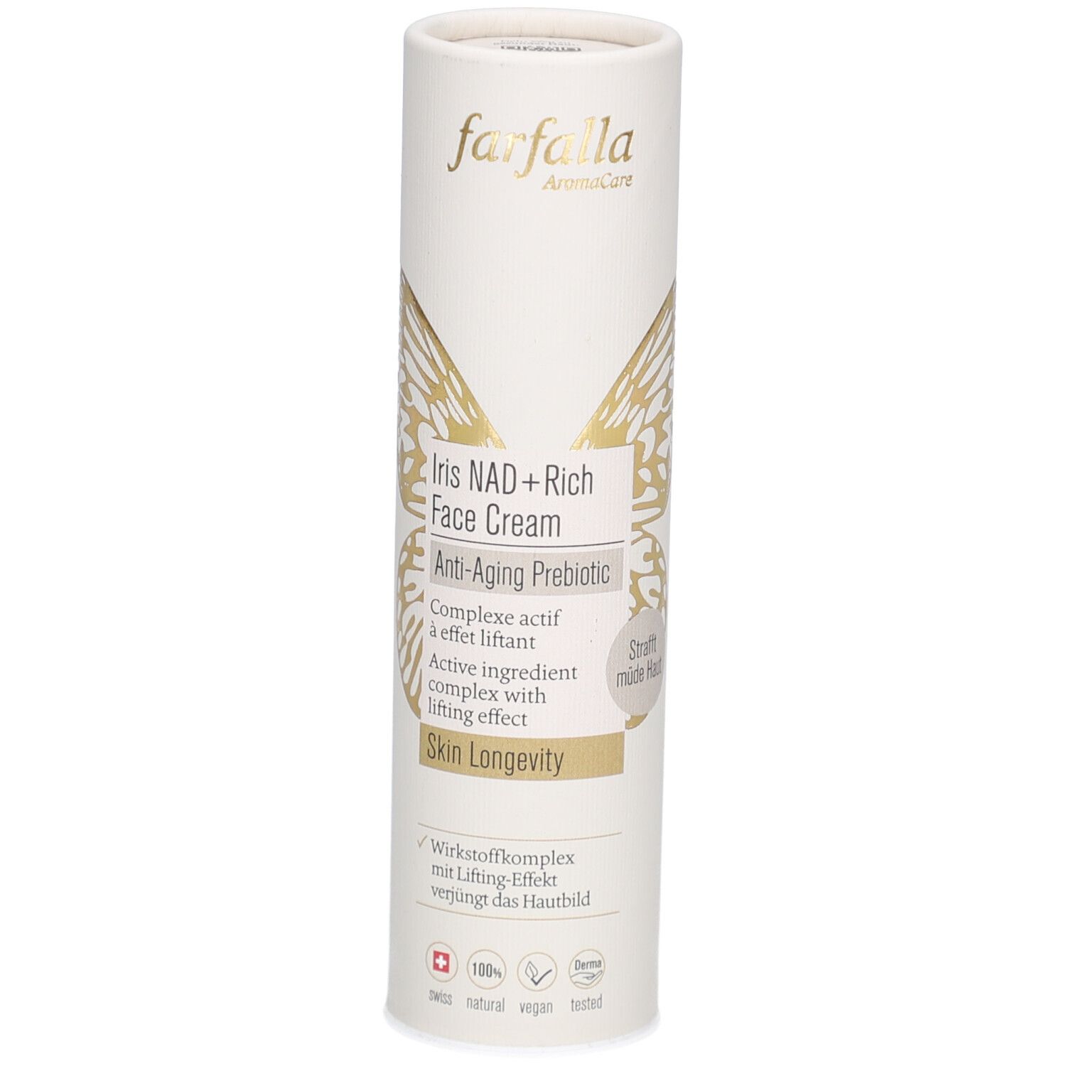 Emballage cylindrique avec nom et logo du produit. Texte : Iris NAD+ Rich Face Cream, Anti-Aging Prebiotic. Graphique papillon doré.