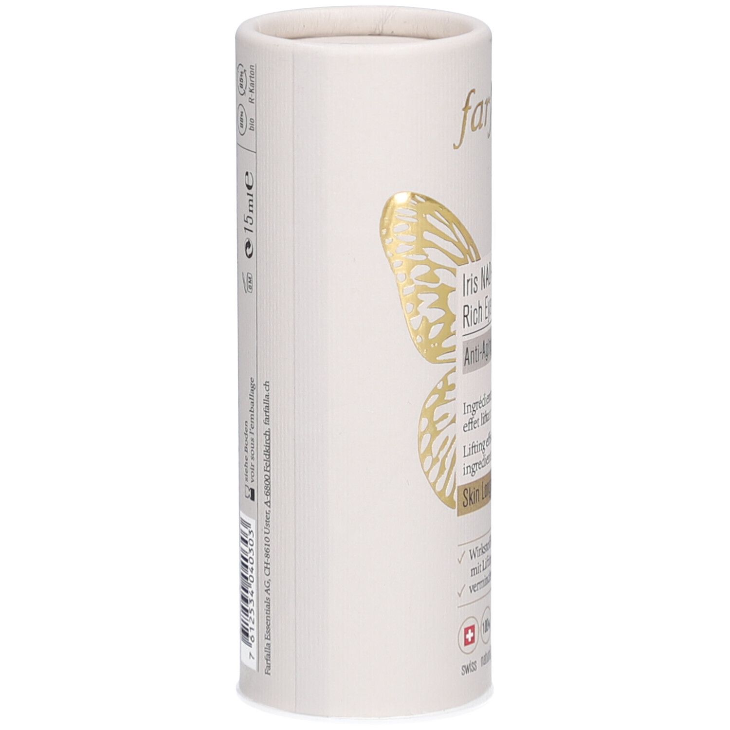 Emballage cylindrique, vue latérale. Marque Farfalla. Papillon doré. Nom du produit: Iris NAD+ Ultra Rich Eye Cream. Texte: 15 ml.