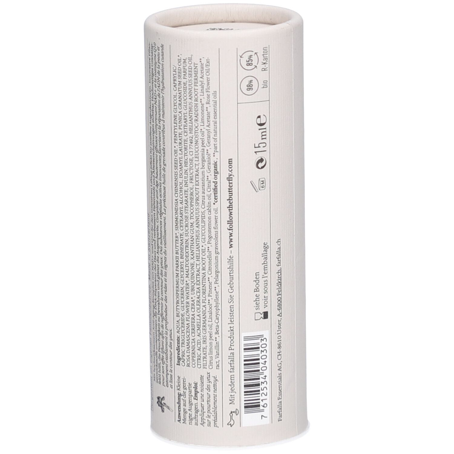 Emballage cylindrique, dos. Texte: Ingrédients, 15 ml, verified organic. Adresse du fabricant. Code-barres.