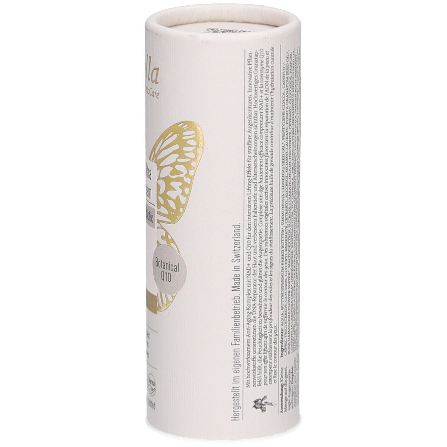 Emballage cylindrique, en biais. Marque Farfalla. Papillon doré. Nom du produit: Iris NAD+ Ultra Rich Eye Cream. Texte: Botanical Q10, Made in Switzerland.