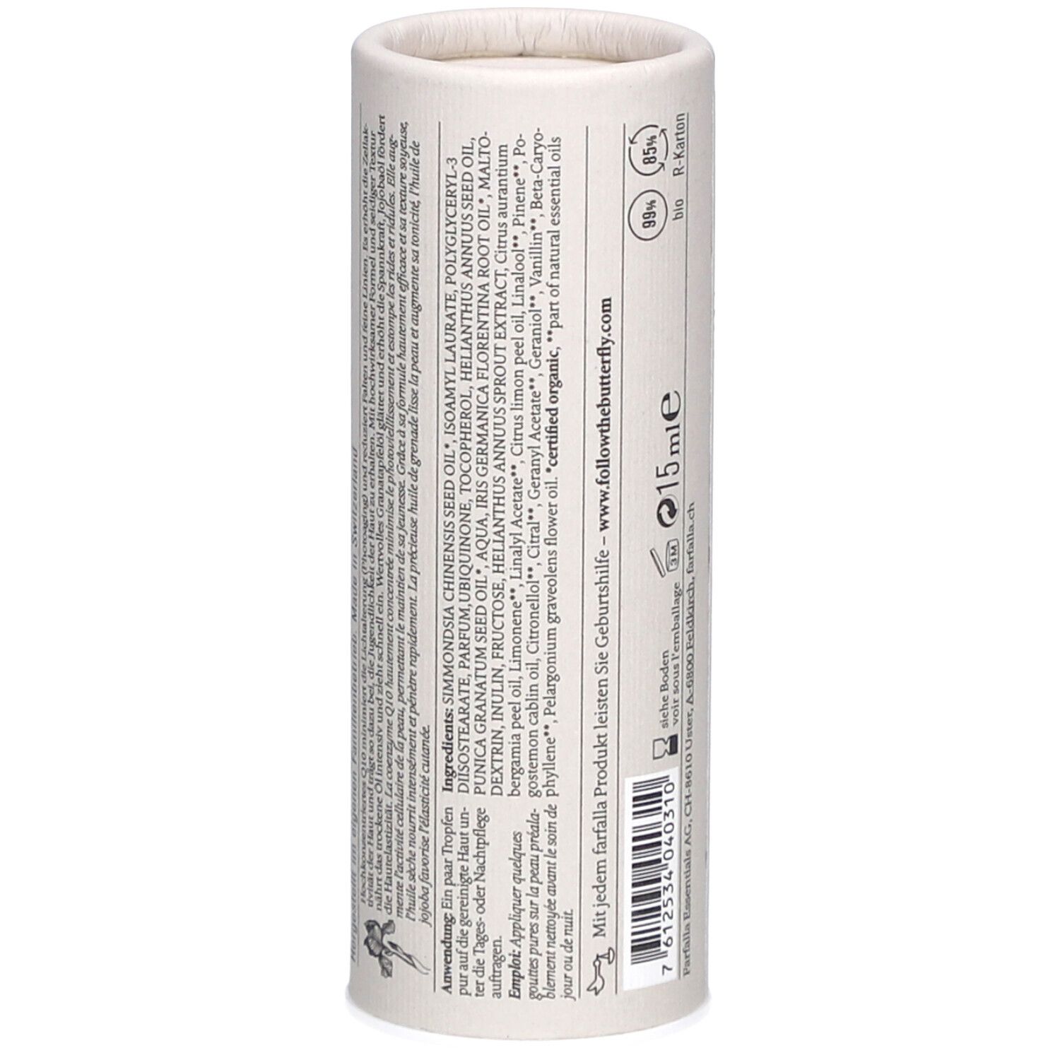 Zylindrische Verpackung, Rückseite. Text: Inhaltsstoffe, Anwendungshinweise. Logo: Farfalla. Zertifizierungen.