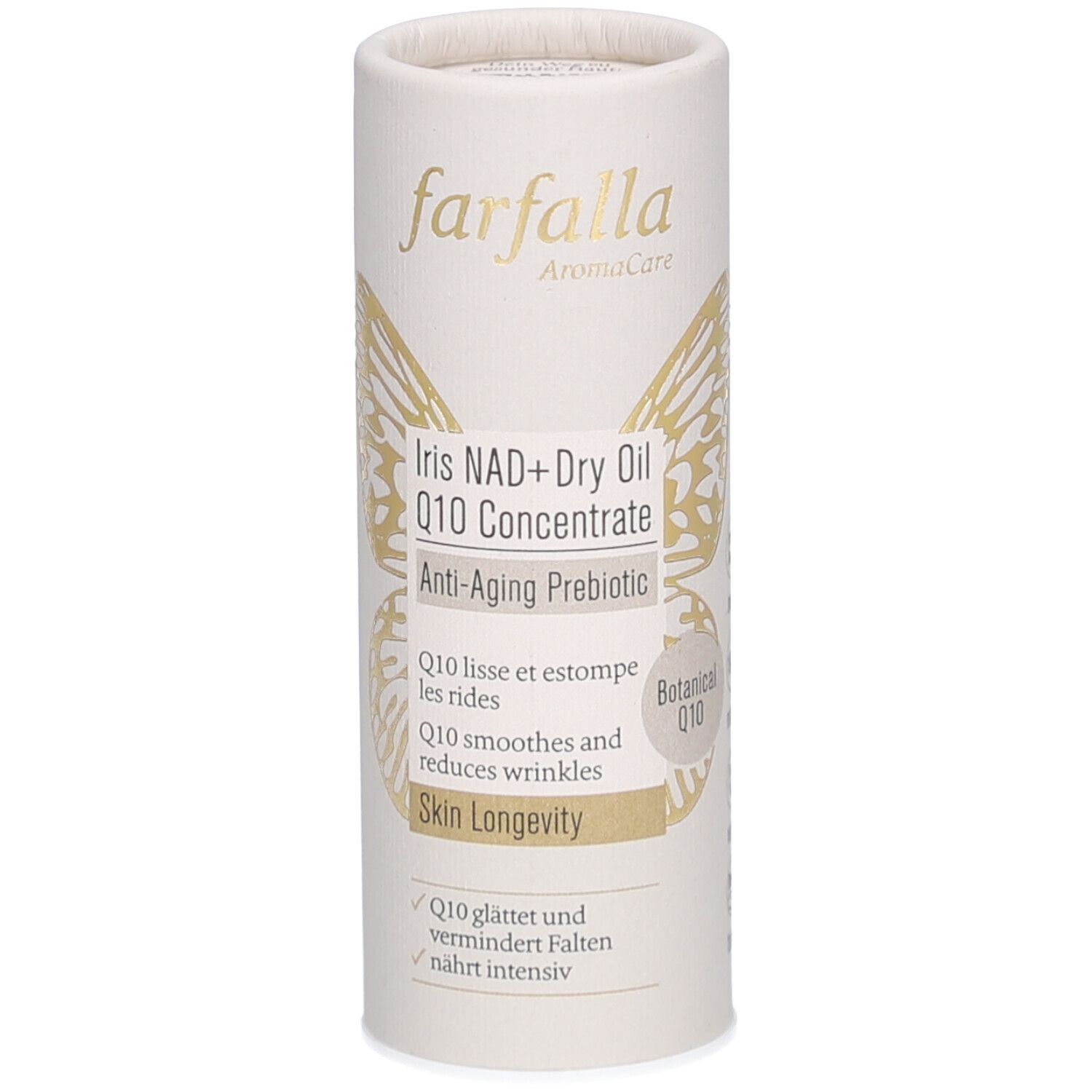 Zylindrische Verpackung mit Produktnamen und Logo. Goldener Schmetterling-Dekor. Text: Iris NAD+ Dry Oil Q10 Concentrate.