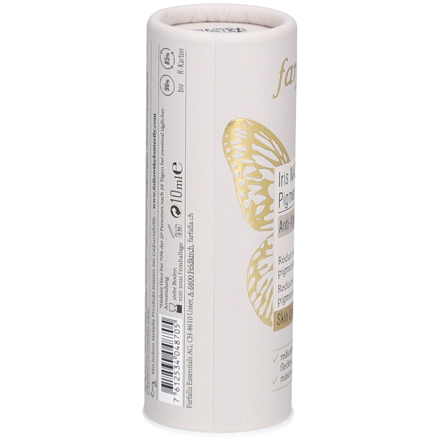 Zylindrische Verpackung, Seitenansicht. Text: 10ml, www.followthebutterfly.com. Aufdrucke: Bio-Siegel, Inhaltsstoffe, Herstelleradresse.