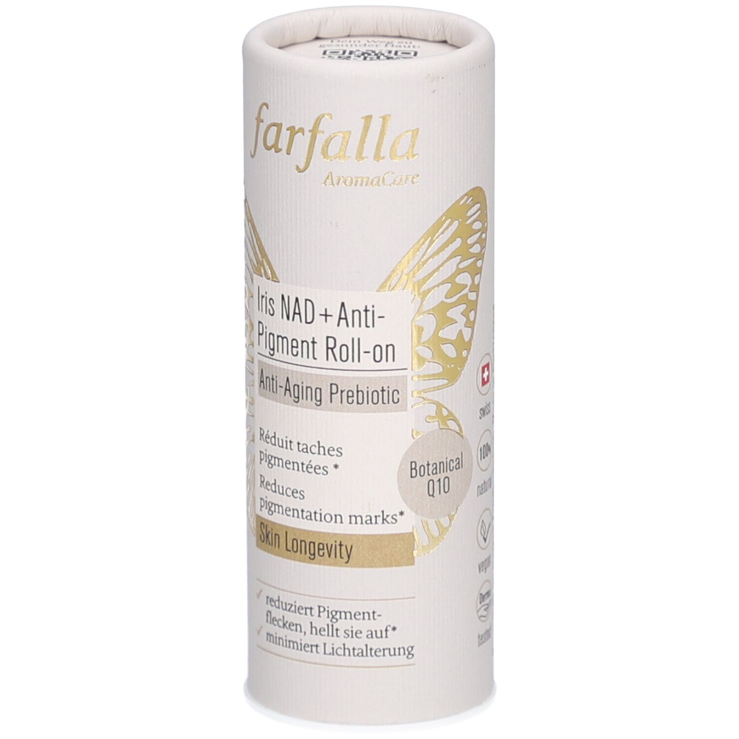Zylindrische Verpackung mit Produktnamen und Schmetterlings-Design. Text: Iris NAD+ Anti-Pigment Roll-on, Anti-Aging Prebiotic. Marke: farfalla.