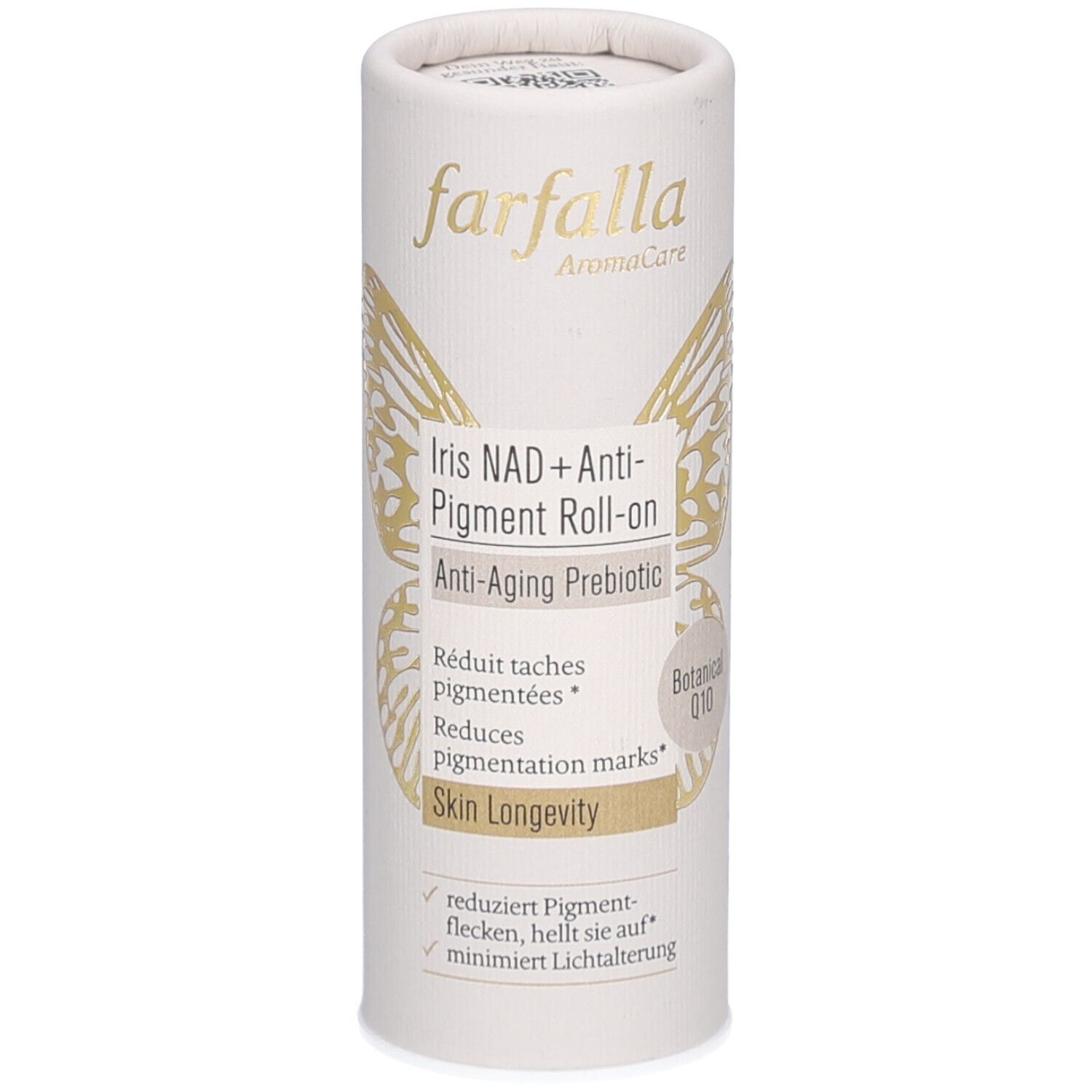 Zylindrische Verpackung mit Produktnamen und Schmetterlings-Design. Text: Iris NAD+ Anti-Pigment Roll-on, Anti-Aging Prebiotic. Marke: farfalla.