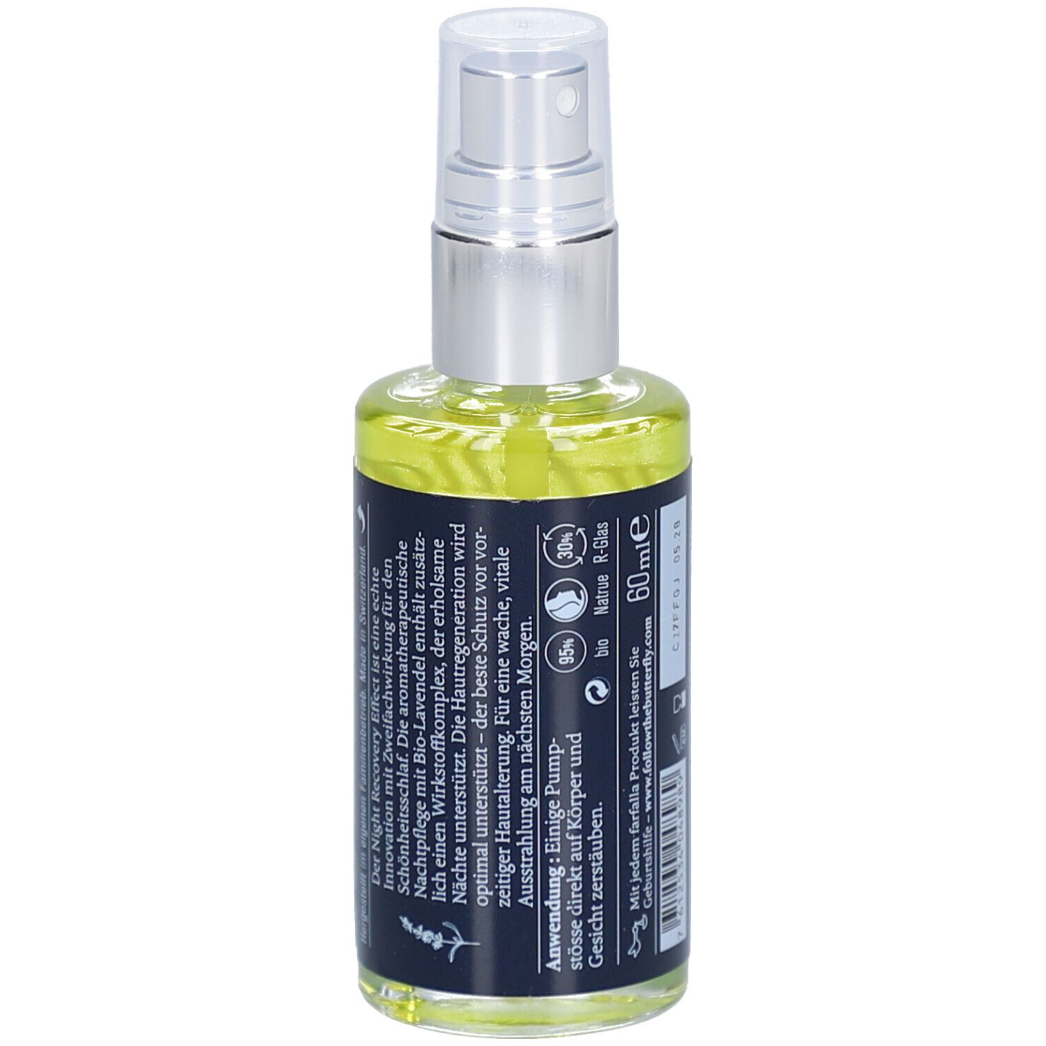 Gesichtsspray-Flasche mit silbernem Sprühkopf. Rückseite mit Text und Logos. Enthält 60ml. Natürliche Inhaltsstoffe.