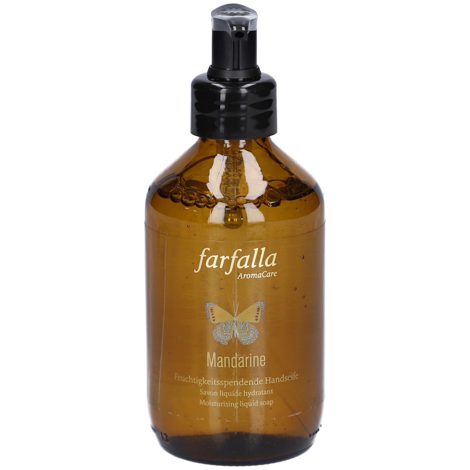 Braune Flasche mit schwarzem Spender. Aufschrift: farfalla, Mandarine, feuchtigkeitsspendende Handseife.