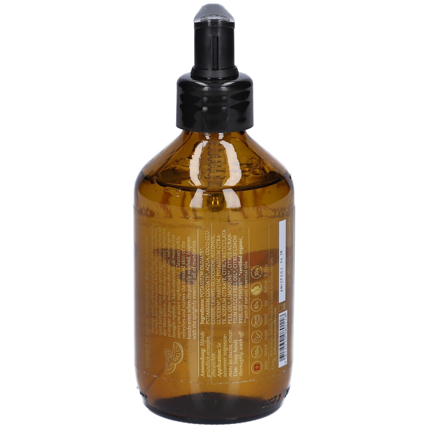 Braune Flasche mit schwarzem Spender. Rückseite mit Text und Symbolen.