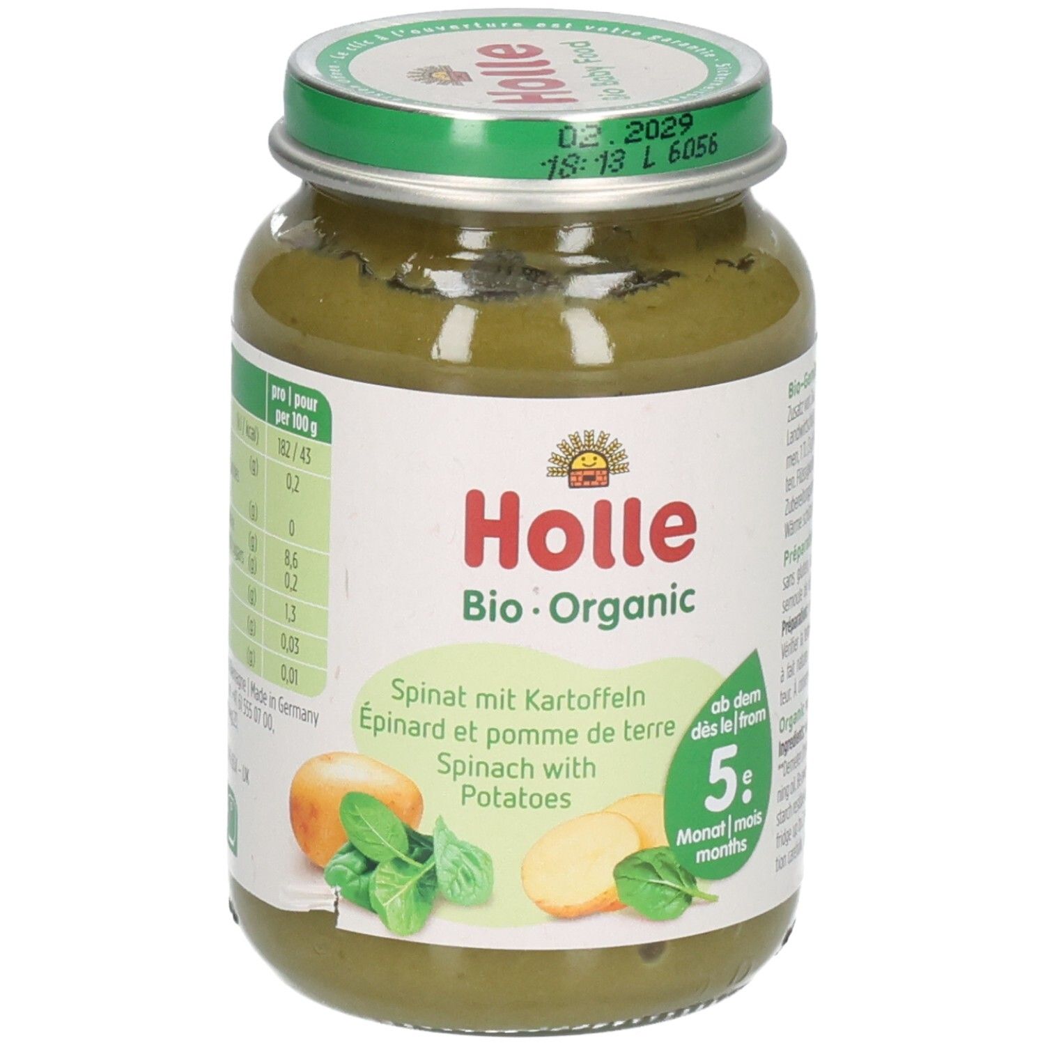 Holle Bio-Spinat mit Kartoffeln Babybrei im Glas, mit Abbildung von Spinat und Kartoffeln.