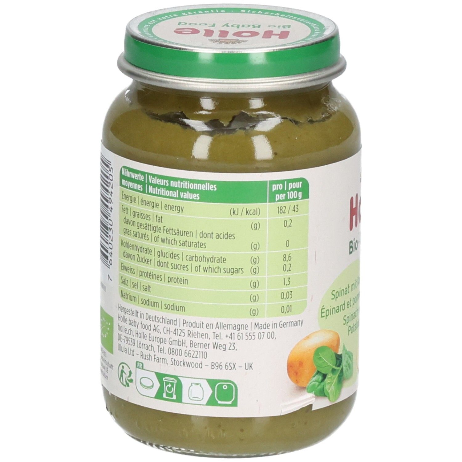 Rückseite eines Glases Holle Bio-Spinat mit Kartoffeln Babybrei mit Nährwertangaben und Zutatenliste.