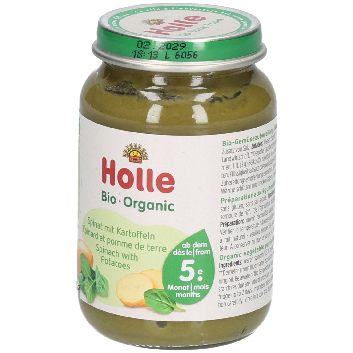 Holle Bio-Spinat mit Kartoffeln Babybrei im Glas, mit Altersempfehlung 'ab 5 Monaten'.