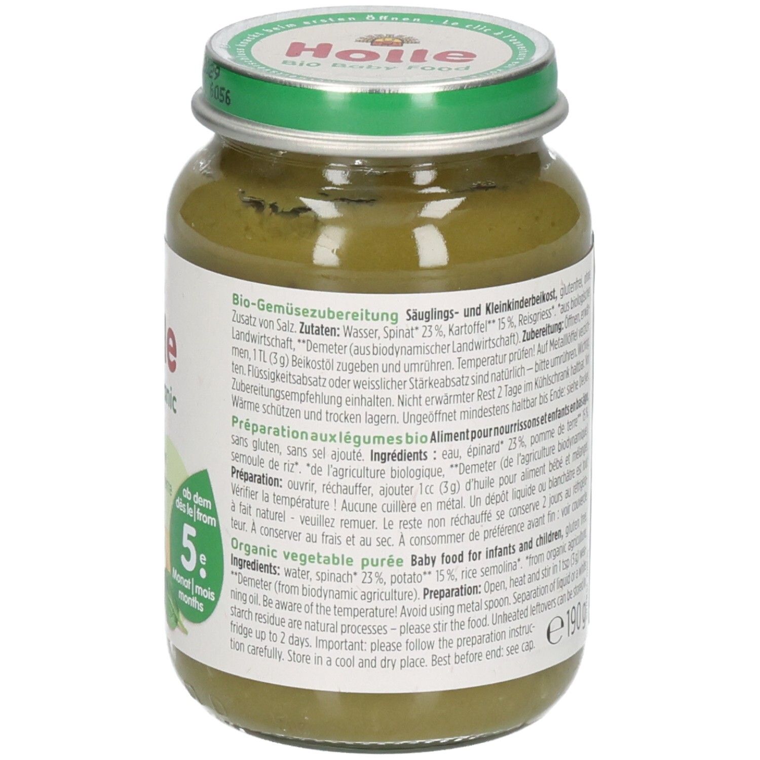 Vorderseite eines Glases Holle Bio-Spinat mit Kartoffeln Babybrei, mit Zubereitungshinweisen auf Englisch.