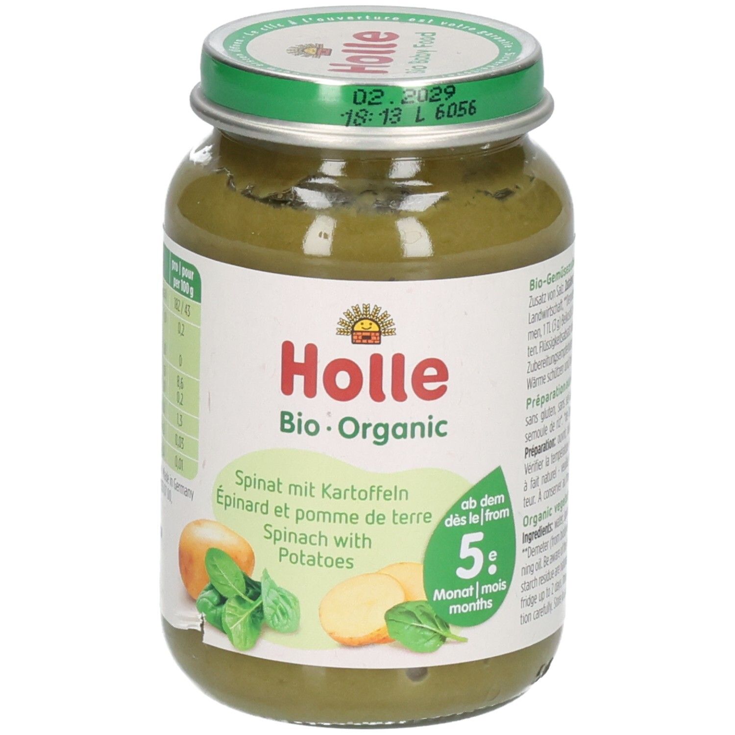 Holle Bio-Spinat mit Kartoffeln Babybrei im Glas, mit Abbildung von Spinat und Kartoffeln, Altersempfehlung '5 Monate'.