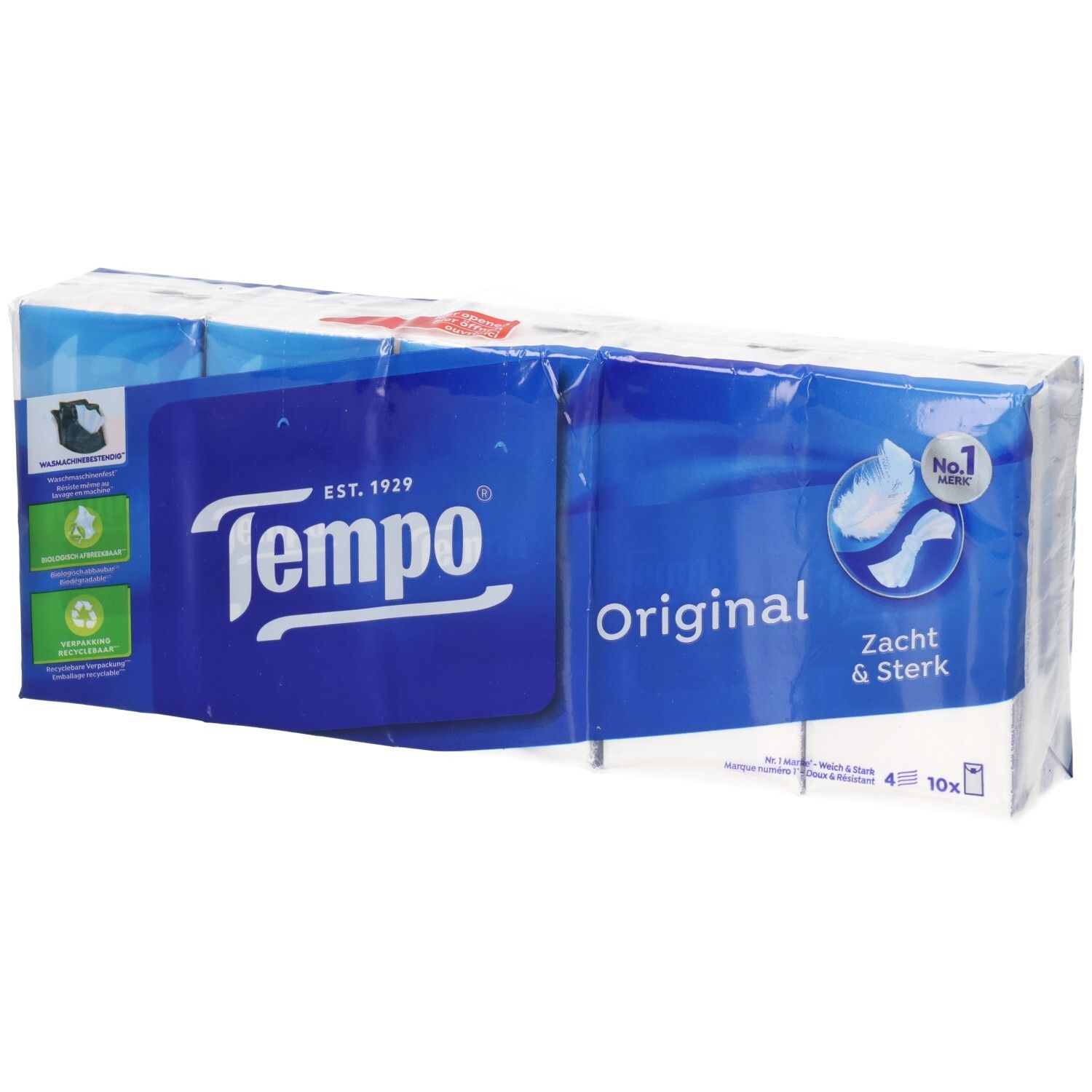 Mouchoirs TEMPO Original : pack de 10, emballage bleu et blanc avec logo.