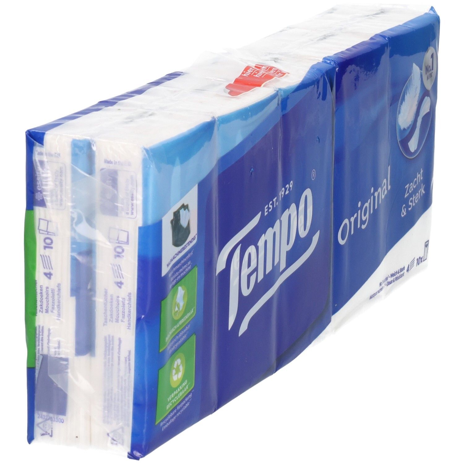 Mouchoirs TEMPO Original : pack de 10, vue latérale, bleu et blanc.