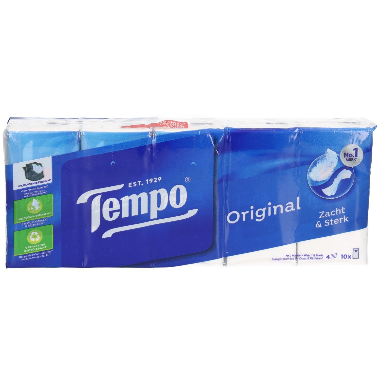 Mouchoirs TEMPO Original : pack de 10, vue de face, bleu et blanc.