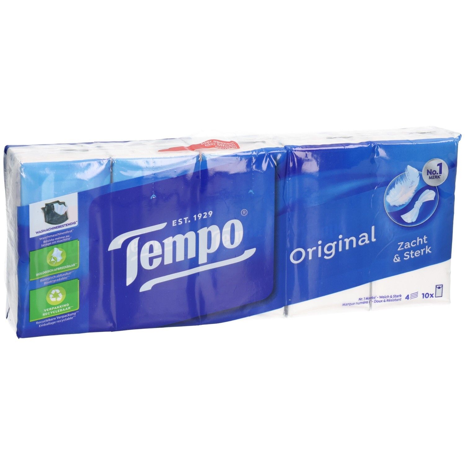 Mouchoirs TEMPO Original : pack de 10, emballage bleu et blanc avec logo.